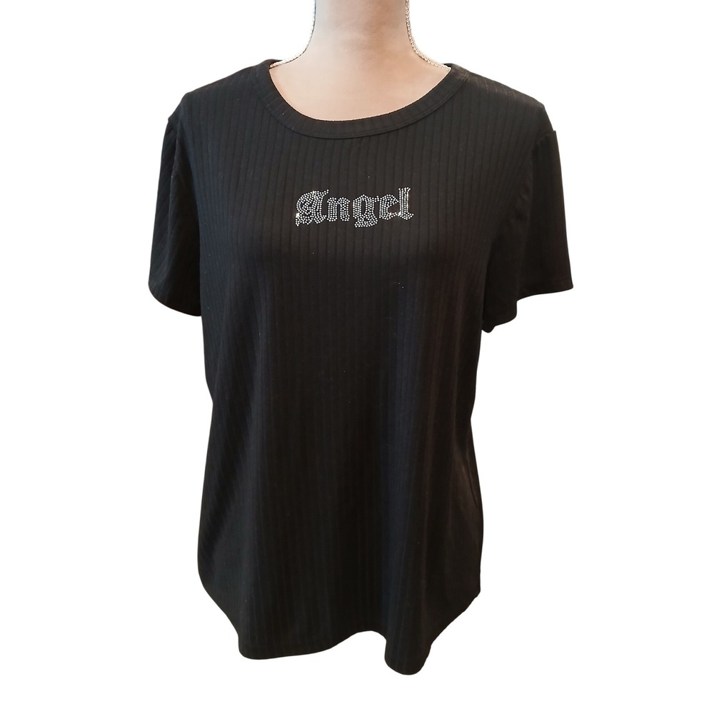 Rue21 Rue+ 2x Women Black Ribbed Angel Rhinestone Graphic Tee Shirt Plus Goth